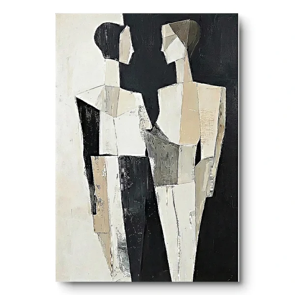 Cubist painting of two angular figures against a half-white half-black split background, black frame