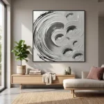 Orbit Study textured wall art shown framed on the wall in a styled interior