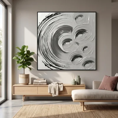 Orbit Study textured wall art shown framed on the wall in a styled interior