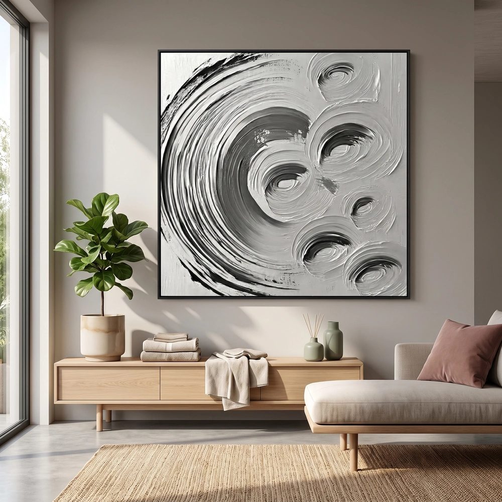 Orbit Study textured wall art shown framed on the wall in a styled interior