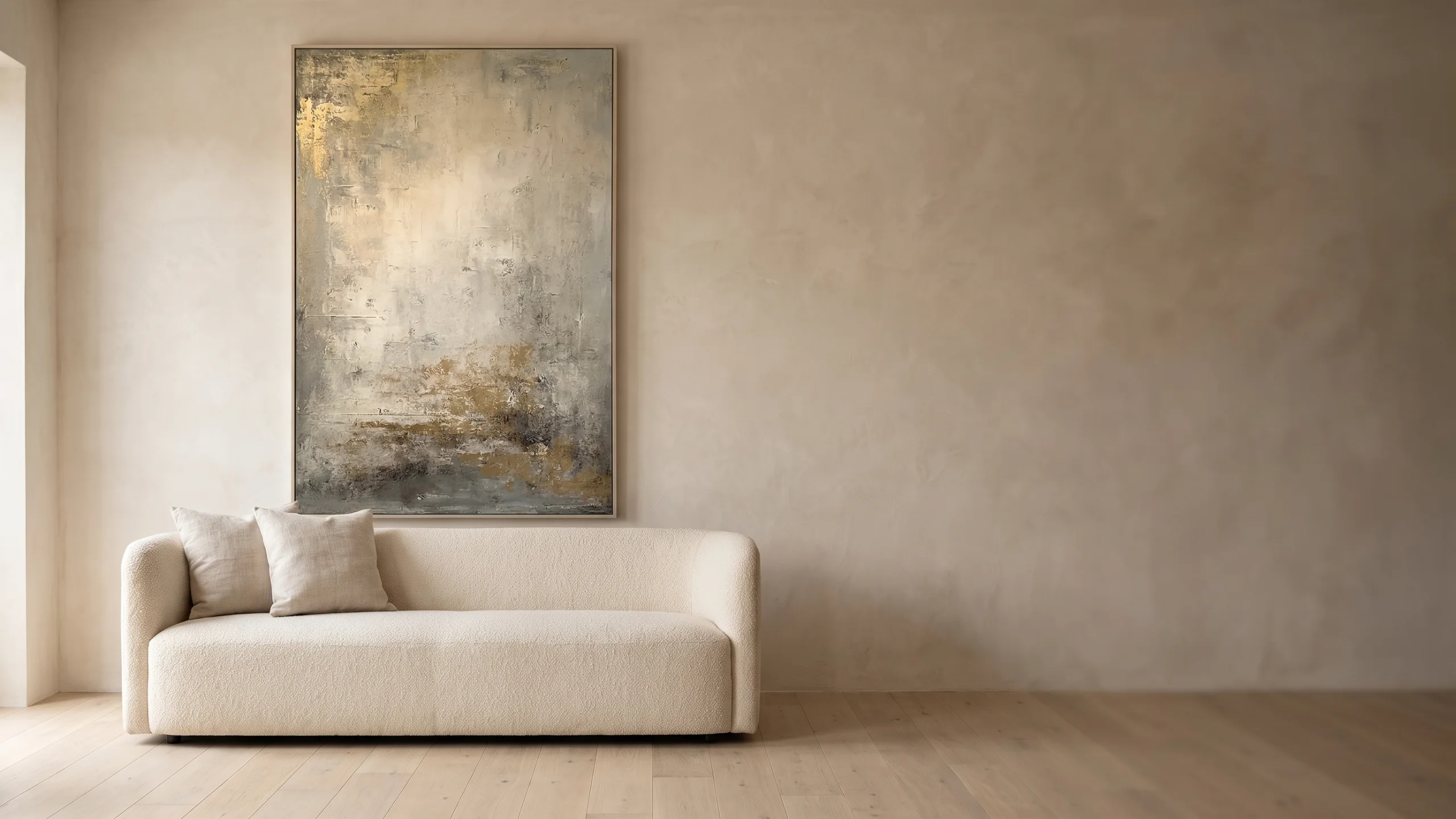 Hand-painted textured artwork hanging in a living room