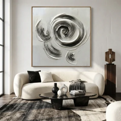 Vortex Flow textured wall art shown framed on the wall in a styled interior