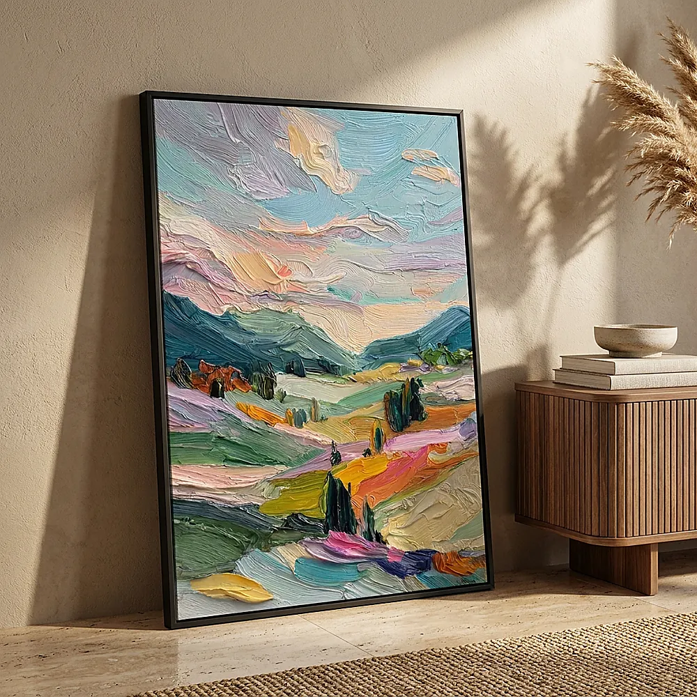 Morning Valley textured wall art shown framed on the wall in a styled interior