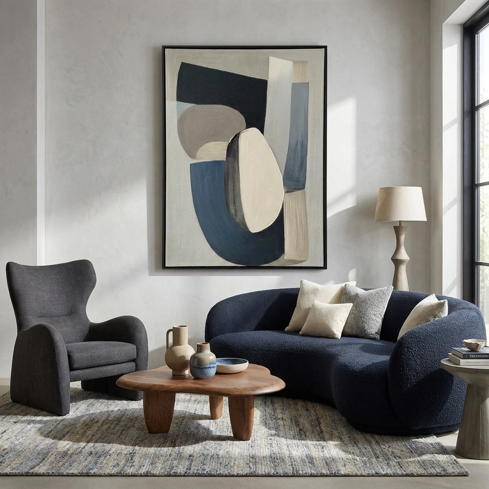 Neutral Balance textured wall art shown framed on the wall in a styled interior