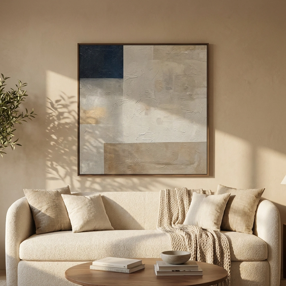 Quiet Monolith textured wall art shown framed on the wall in a styled interior