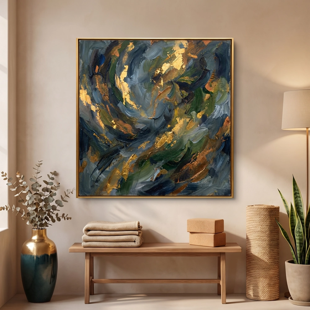 Nocturnal Bloom textured wall art shown framed on the wall in a styled interior
