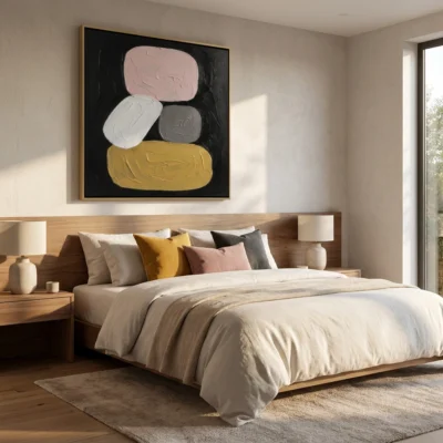 Stacked Stones textured wall art shown framed on the wall in a styled interior