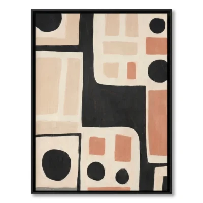 Mid-century abstract painting of a black winding path connecting terracotta circles and blocks, black frame