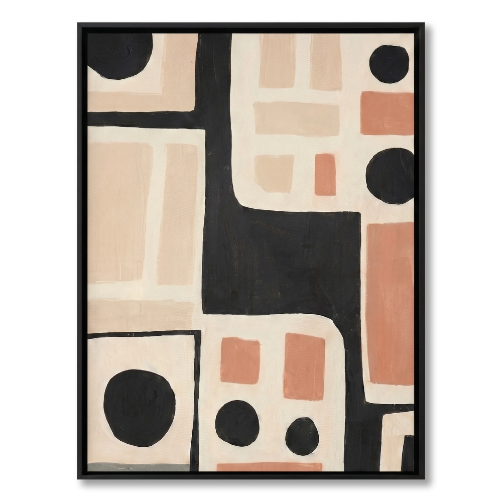 Mid-century abstract painting of a black winding path connecting terracotta circles and blocks, black frame