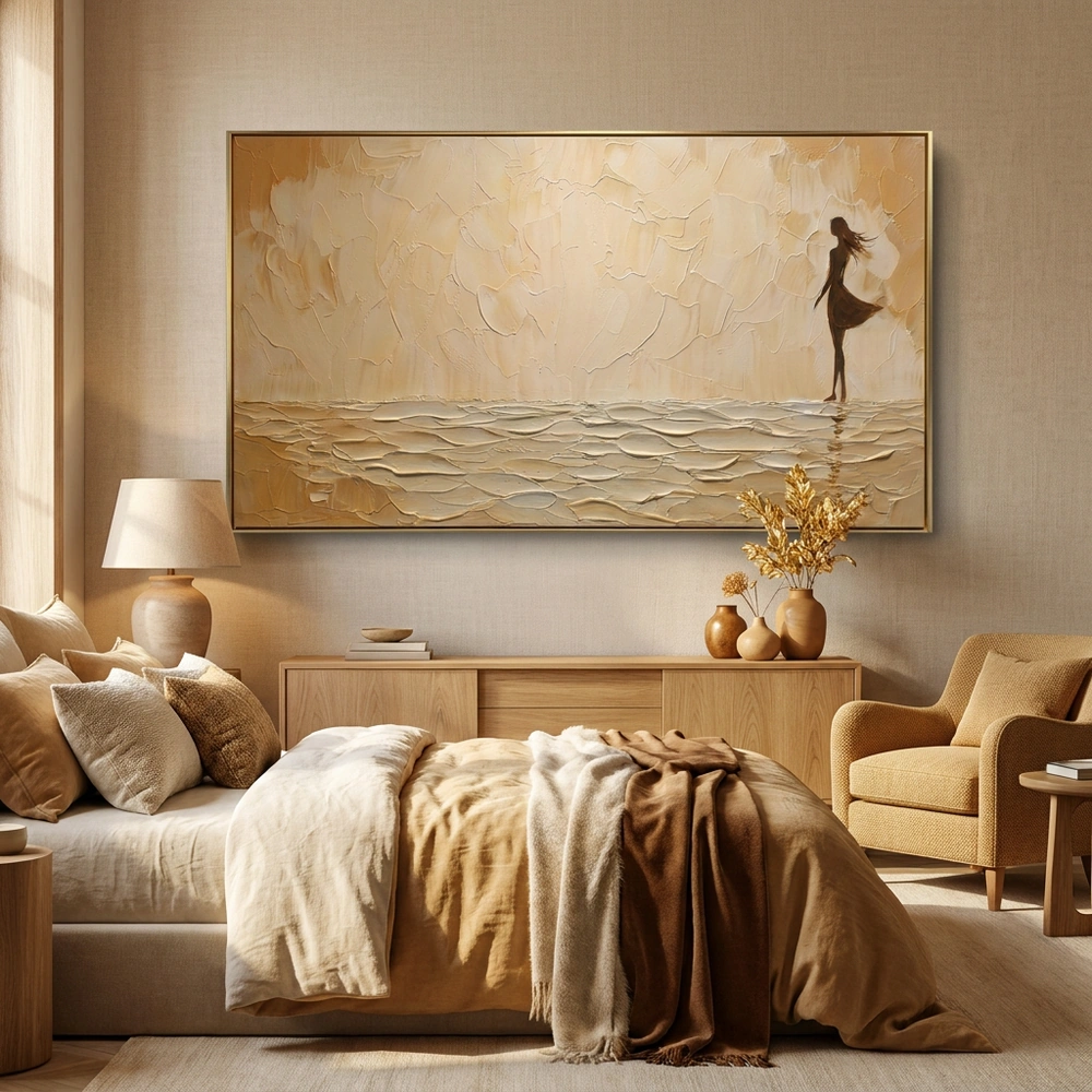 Lone Horizon textured wall art shown framed on the wall in a styled interior