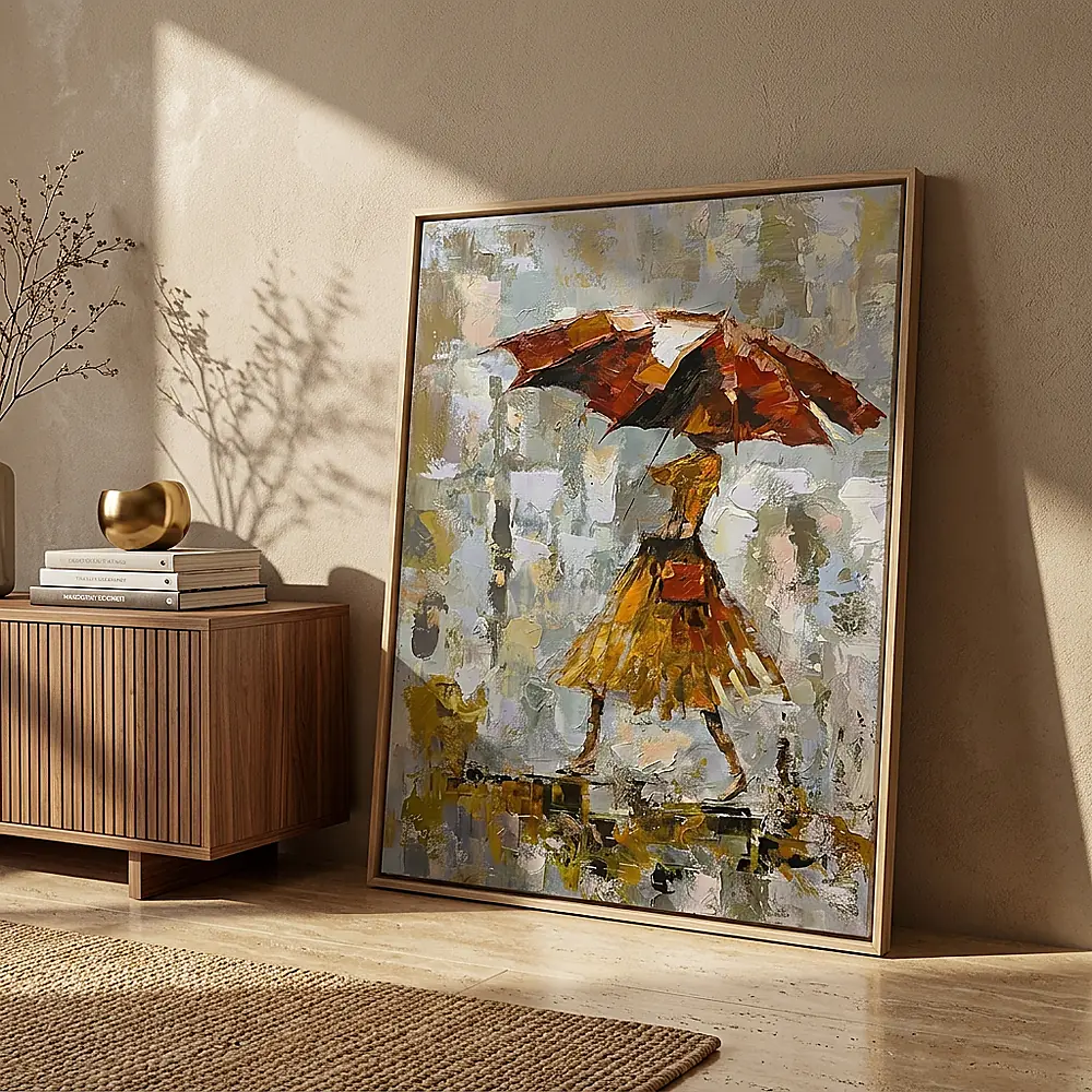 Rainy Ochre textured wall art shown framed on the wall in a styled interior