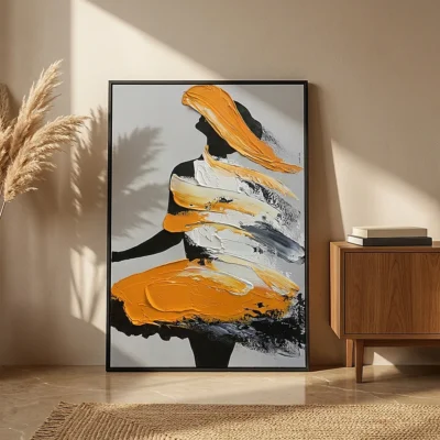 Windblown Ochre textured wall art shown framed on the wall in a styled interior