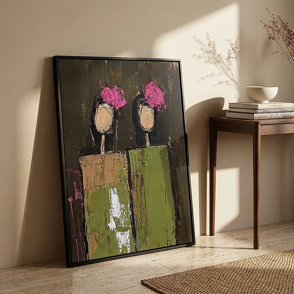 Pedestal Bloom textured wall art shown framed on the wall in a styled interior
