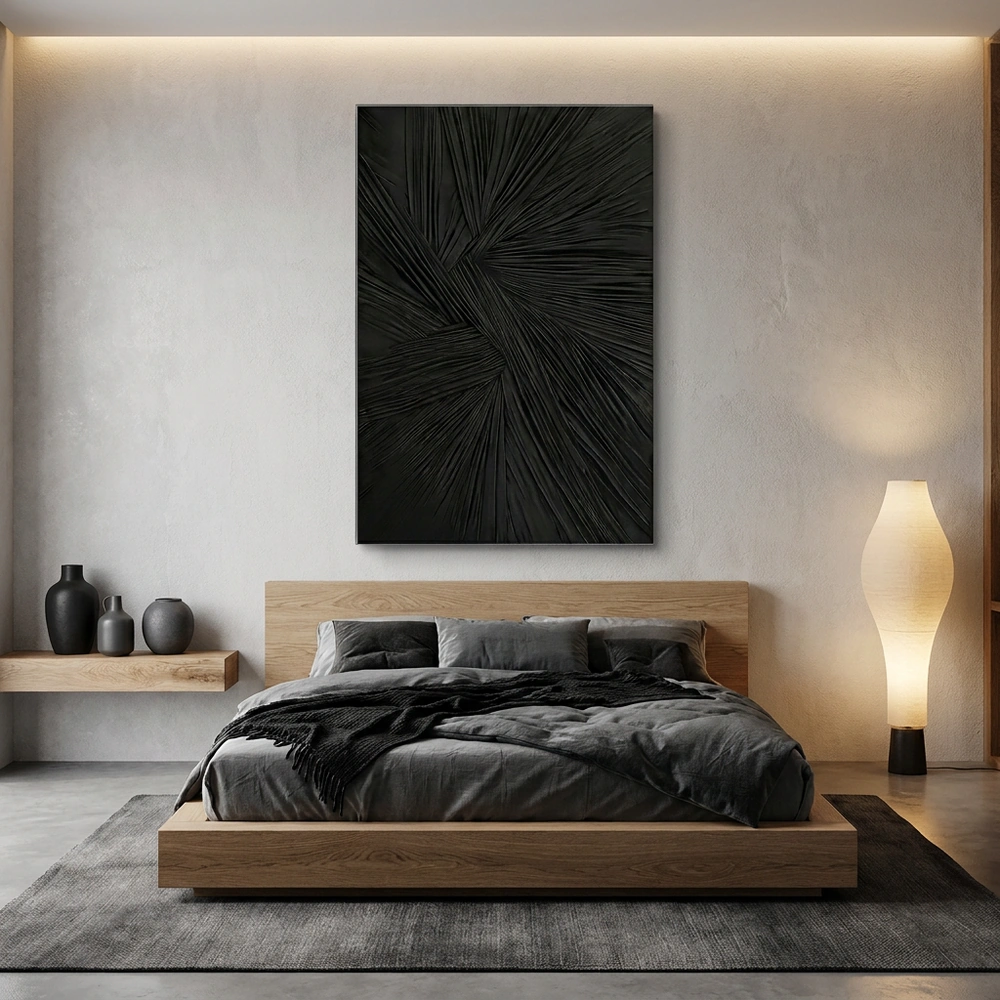 Onyx Radiance textured wall art shown framed on the wall in a styled interior