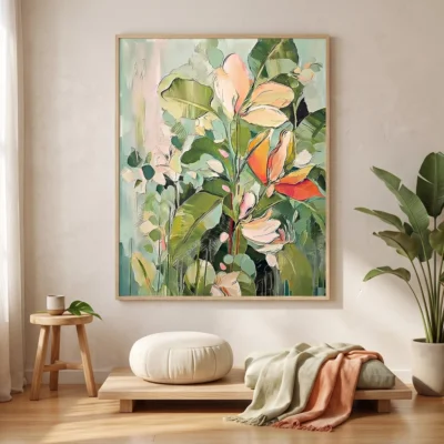 Botanica Bloom textured wall art shown framed on the wall in a styled interior
