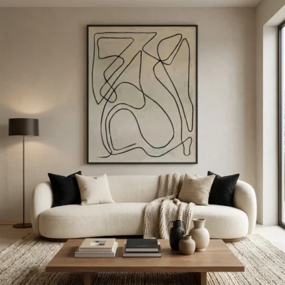 Contour Trace textured wall art shown framed on the wall in a styled interior