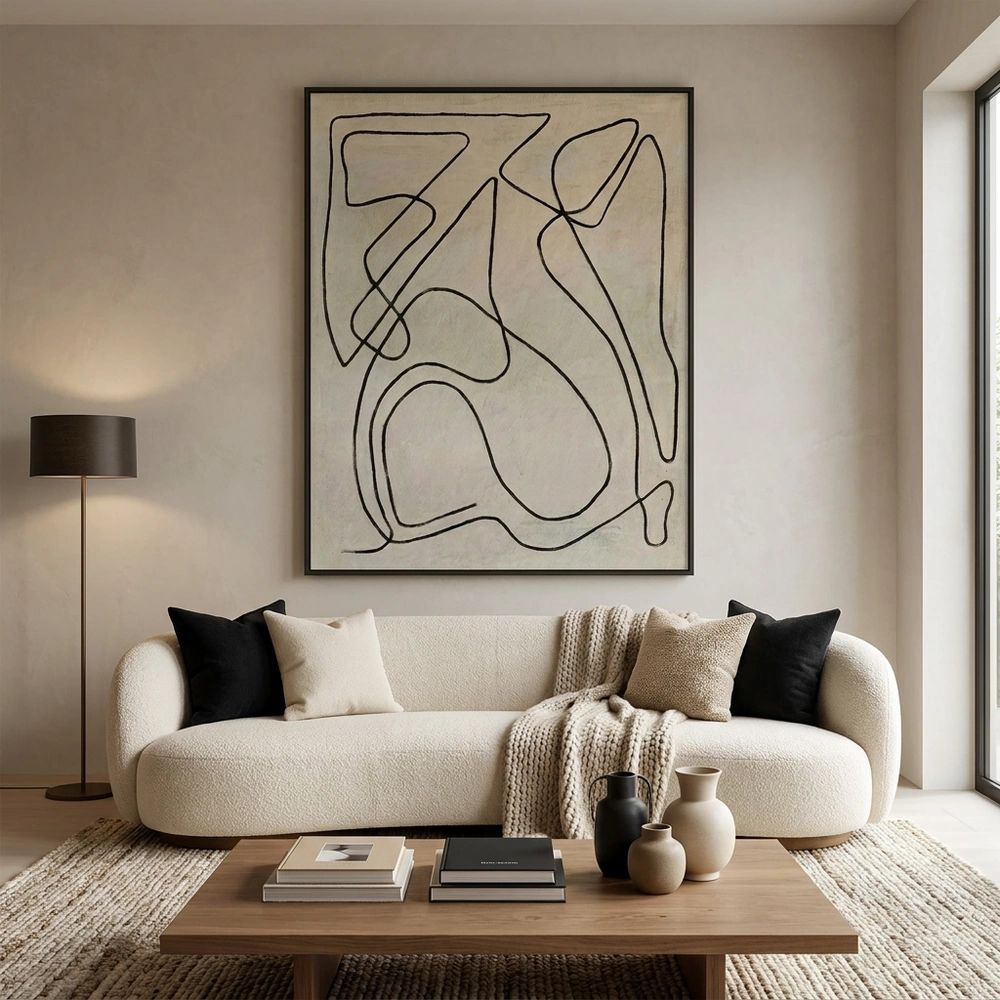 Contour Trace textured wall art shown framed on the wall in a styled interior