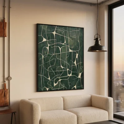 Fluid Network textured wall art shown framed on the wall in a styled interior