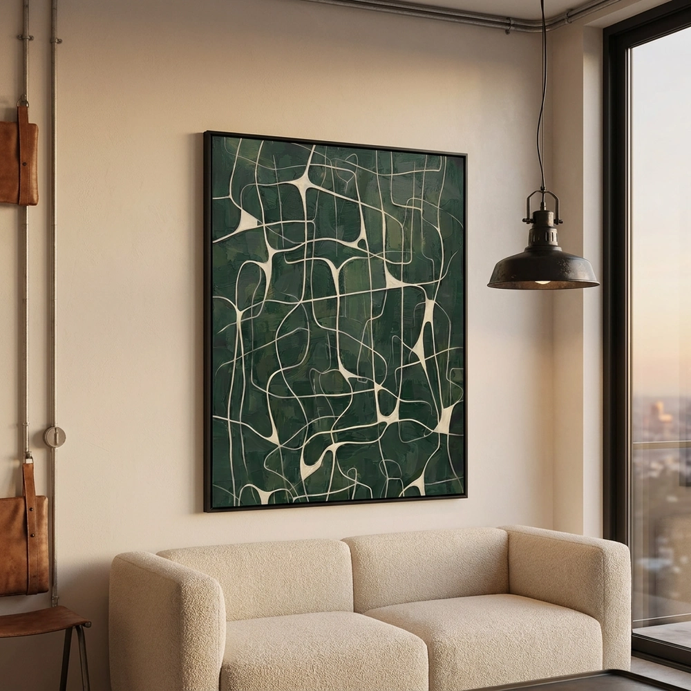 Fluid Network textured wall art shown framed on the wall in a styled interior