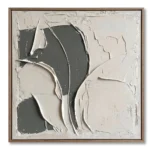 Sculptural relief of grey organic leaf-like shapes on cream, natural wood frame
