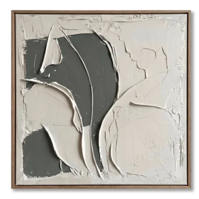 Sculptural relief of grey organic leaf-like shapes on cream, natural wood frame