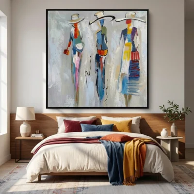 Three in Stride textured wall art shown framed on the wall in a styled interior