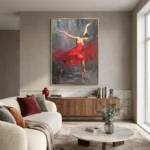 Scarlet Pirouette textured wall art shown framed on the wall in a styled interior