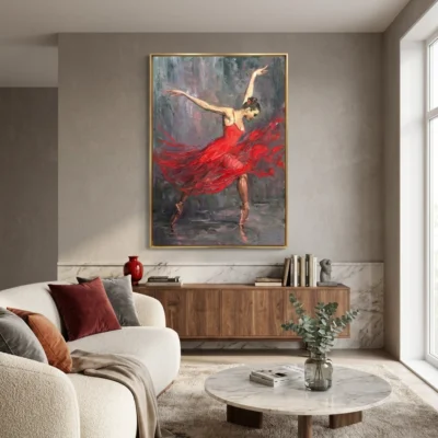 Scarlet Pirouette textured wall art shown framed on the wall in a styled interior