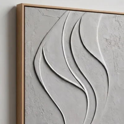 Grey Undulation textured wall art shown framed on the wall in a styled interior