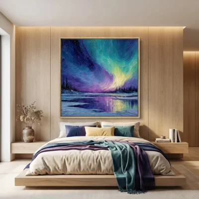Polar Light textured wall art shown framed on the wall in a styled interior