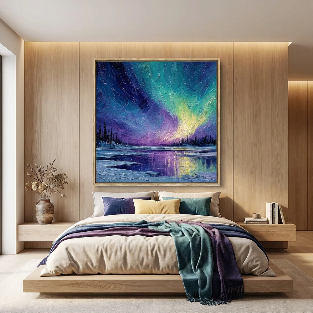Polar Light textured wall art shown framed on the wall in a styled interior