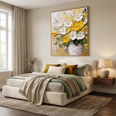 Amber Petals textured wall art shown framed on the wall in a styled interior