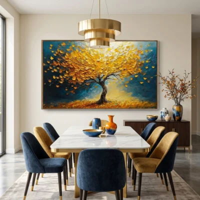 Ginkgo Night textured wall art shown framed on the wall in a styled interior