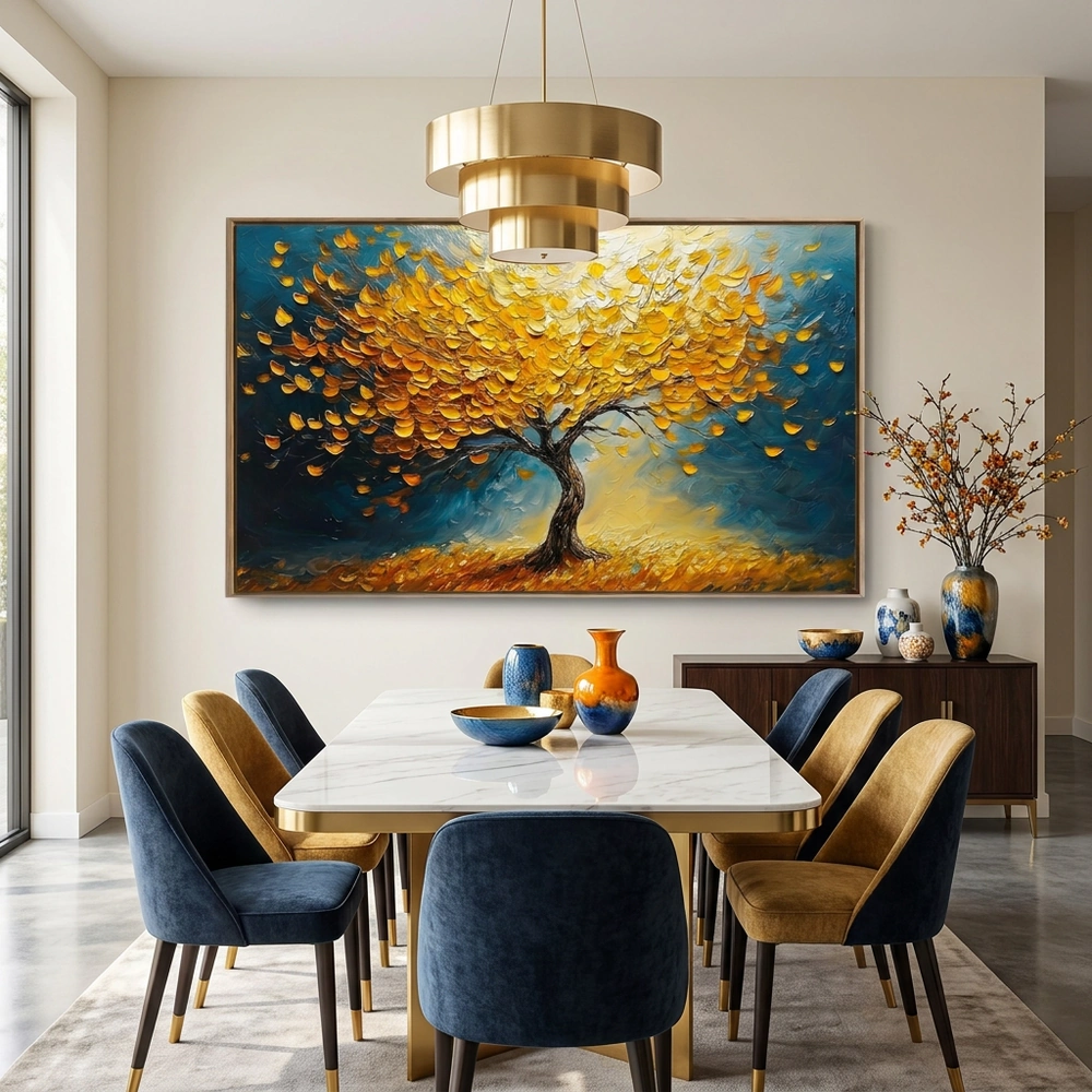 Ginkgo Night textured wall art shown framed on the wall in a styled interior