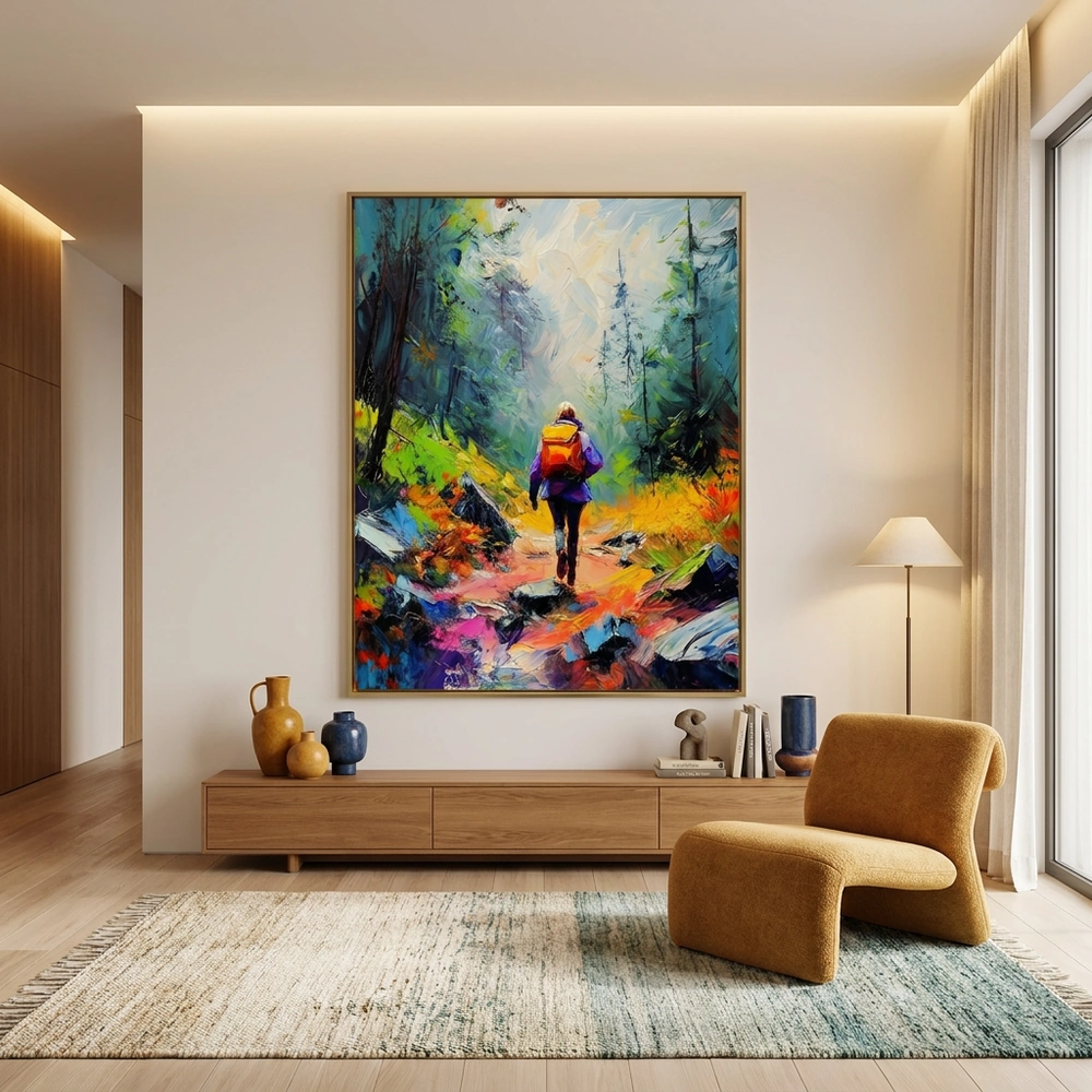 Orange Backpack textured wall art shown framed on the wall in a styled interior