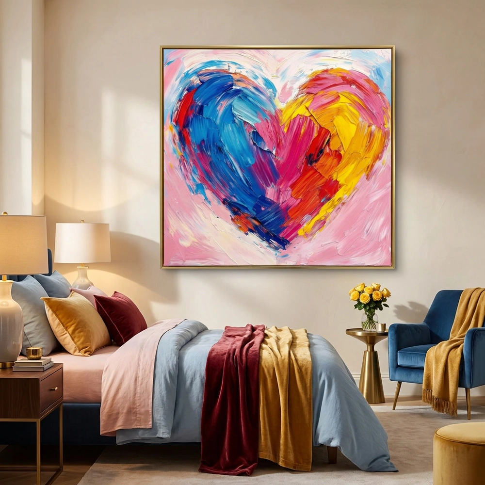Spectrum Heart textured wall art shown framed on the wall in a styled interior