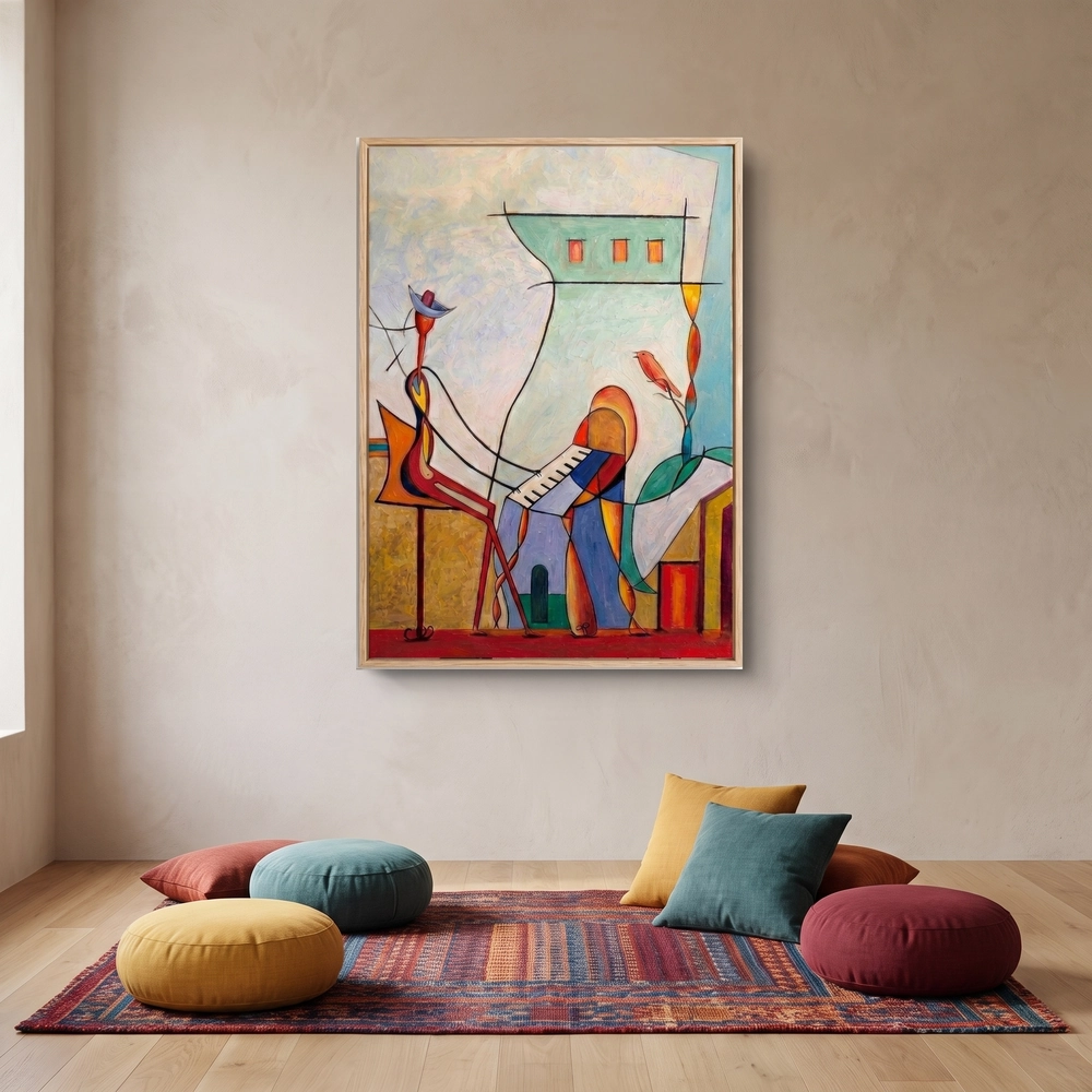 Rhythmic Chromatics textured wall art shown framed on the wall in a styled interior