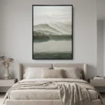 Sage River Dawn textured wall art shown framed on the wall in a styled interior