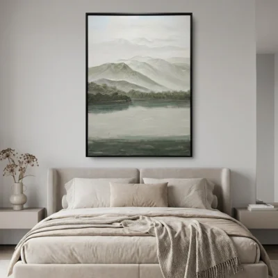 Sage River Dawn textured wall art shown framed on the wall in a styled interior