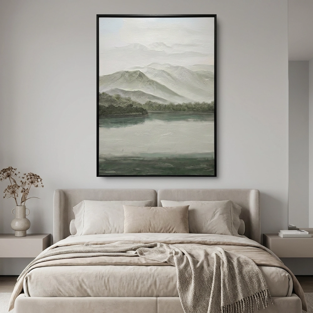 Sage River Dawn textured wall art shown framed on the wall in a styled interior