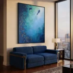 Sapphire Dive Diver turtle in deep blue abstract art wall decor - Image 2