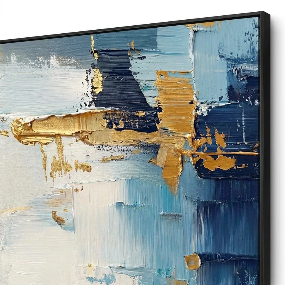 Sapphire Drift textured wall art shown framed on the wall in a styled interior
