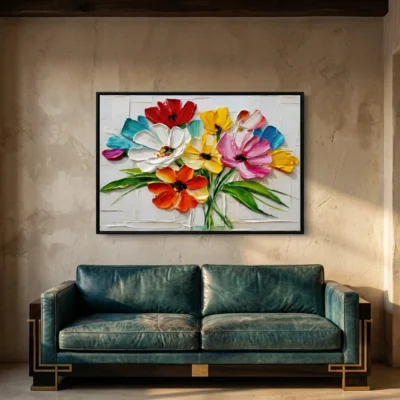 Sculpted Petals textured wall art shown framed on the wall in a styled interior