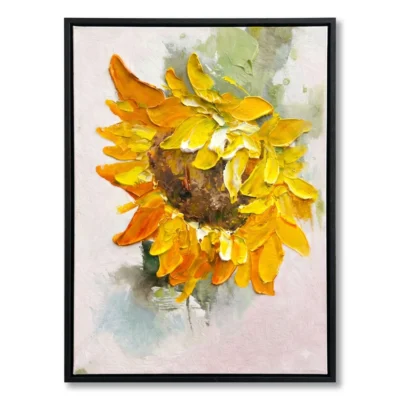 Textured close-up painting of a single sunflower in thick orange-yellow impasto, black frame
