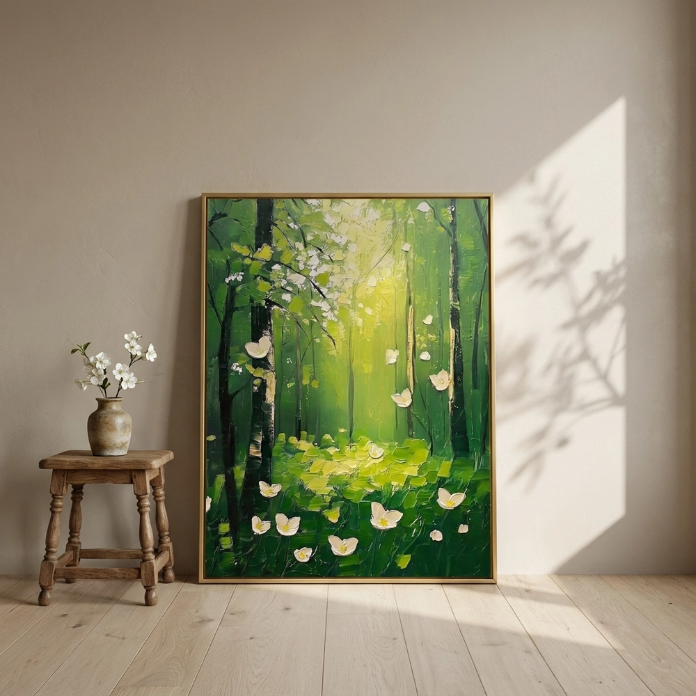 Falling Petals textured wall art shown framed on the wall in a styled interior