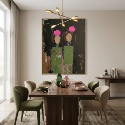 Paired Blooms textured wall art shown framed on the wall in a styled interior