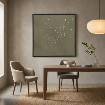 Khaki Murmuration textured wall art shown framed on the wall in a styled interior