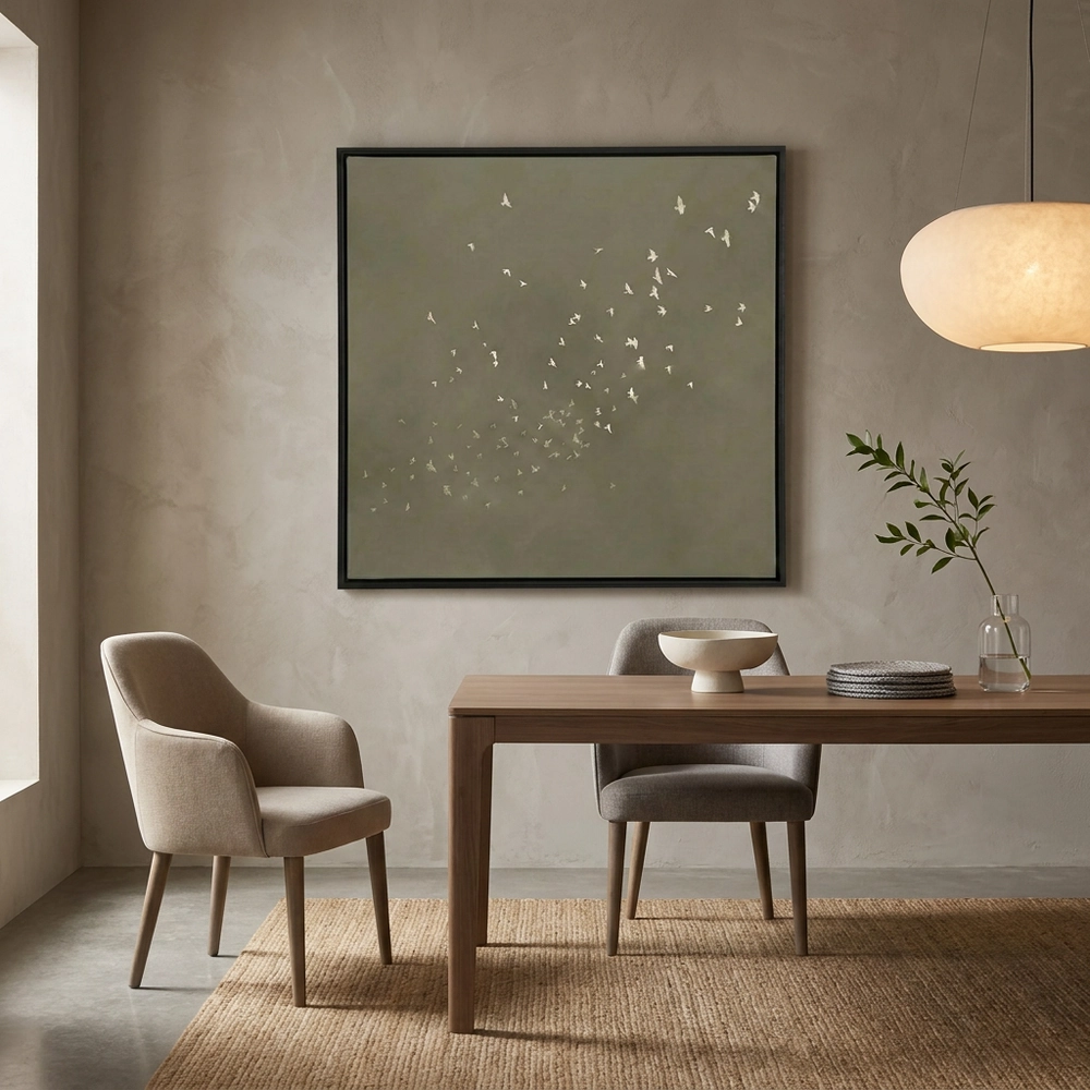 Khaki Murmuration textured wall art shown framed on the wall in a styled interior