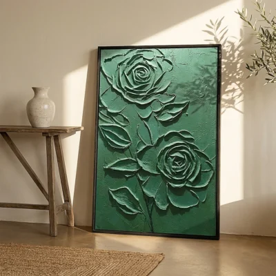 Sage Resonance textured wall art shown framed on the wall in a styled interior