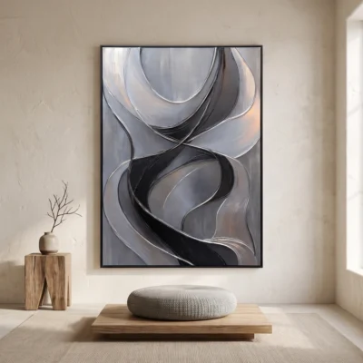Chrome Ribbon textured wall art shown framed on the wall in a styled interior